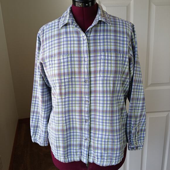 Woolrich Multi Flannel Blouse L purple green white plaid checks LS vtg Y2K warm - Picture 6 of 13